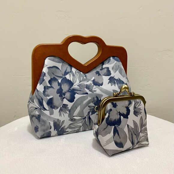 Handmade Genuine Leather Printed Floral Wooden Frame Bag with Small Purse Set - Picture 5 of 16